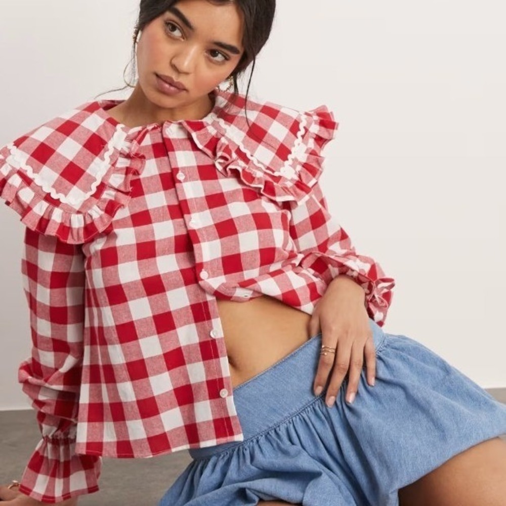 ASOS Gingham Oversized Collar Top Sz 4 Cottage Coquette Prairie Peter Pan Picnic